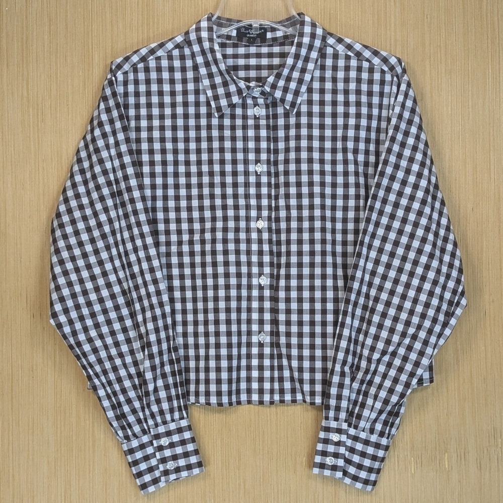 Velvet Heart Chocolate Brown Gingham Cropped Shirt Womens Large Oversized Fall‎
